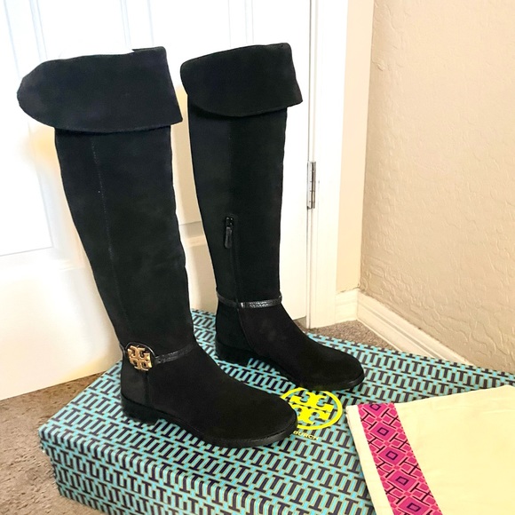 TORY BURCH MILLER BLACK SUEDE OVER THE KNEE BOOTS 5.5 & Dust Bag NEW - Picture 2 of 11